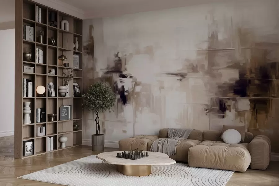 Fototapety Abstraktná textúrovaná imitácia krajinomaľby s hnedými a bielymi ťahmi štetcom, moderný štýl w09422v1