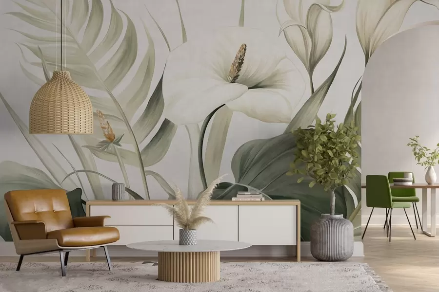 Fototapety Biele kala a zelené tropické listy, botanická ilustrácia, svetlé pozadie, vintage štýl, textúrované w09423