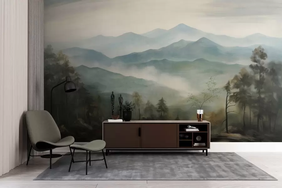 Fototapety Hmlisté pohorie so stromami, hmla, zamračená obloha, tlmené farby, štýl krajinomaľby w09424