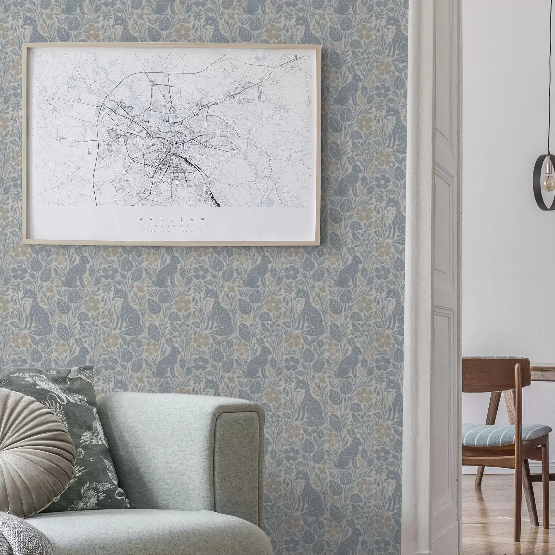 Fototapety Lesné zvieratá a kvety: líška a zajac v modrých odtieňoch a00613