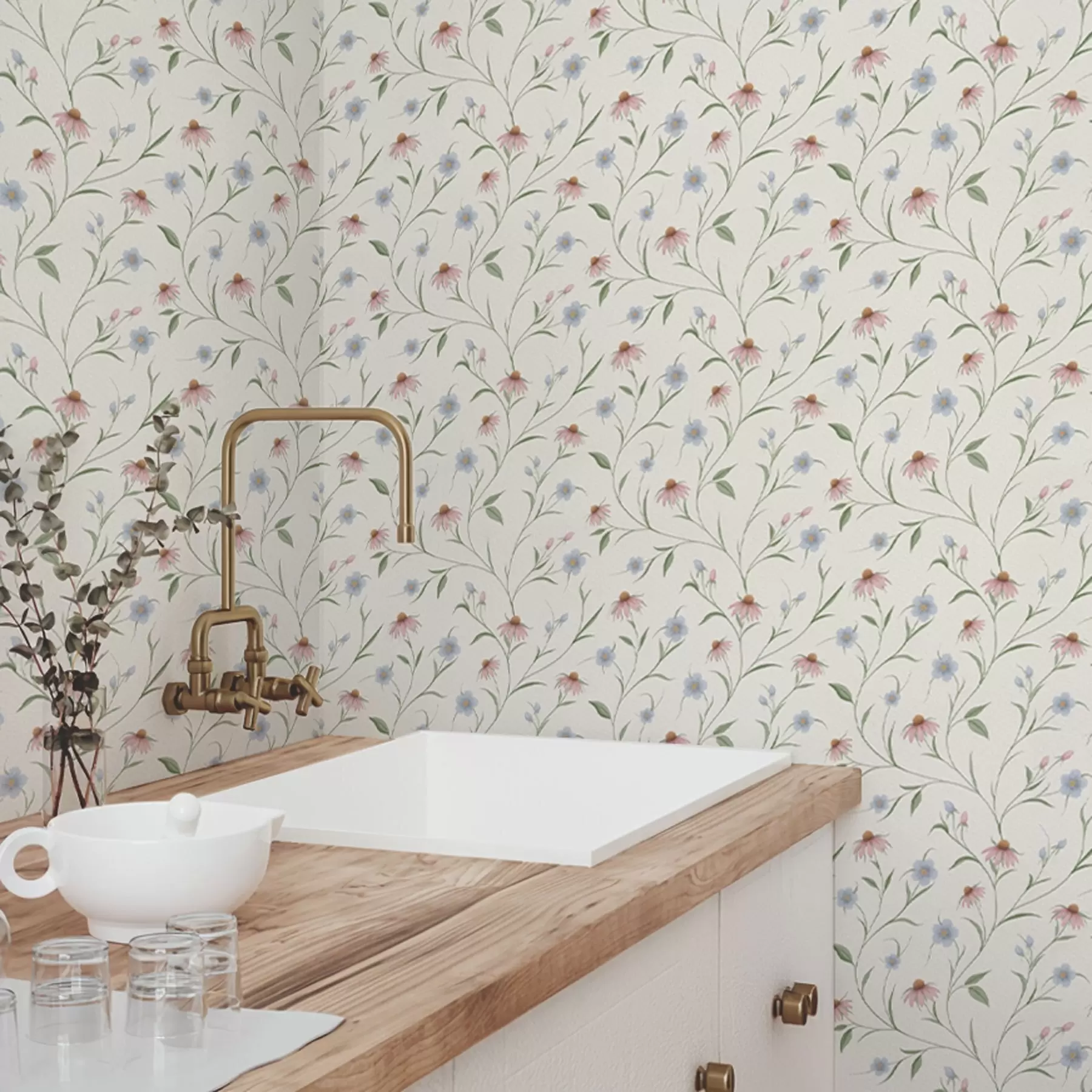 Fototapety Poľné sedmokrásky a echinacea na smotanovom pozadí, ľahkosť a00614