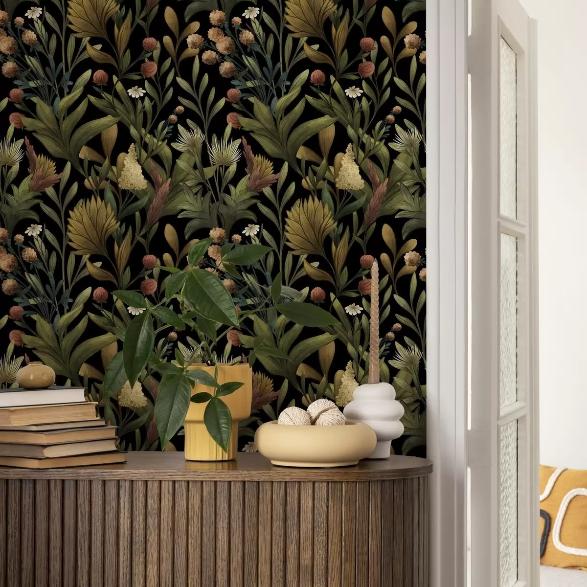 Tapety Botanická záhrada na čiernom pozadí, teplá jesenná paleta a00619