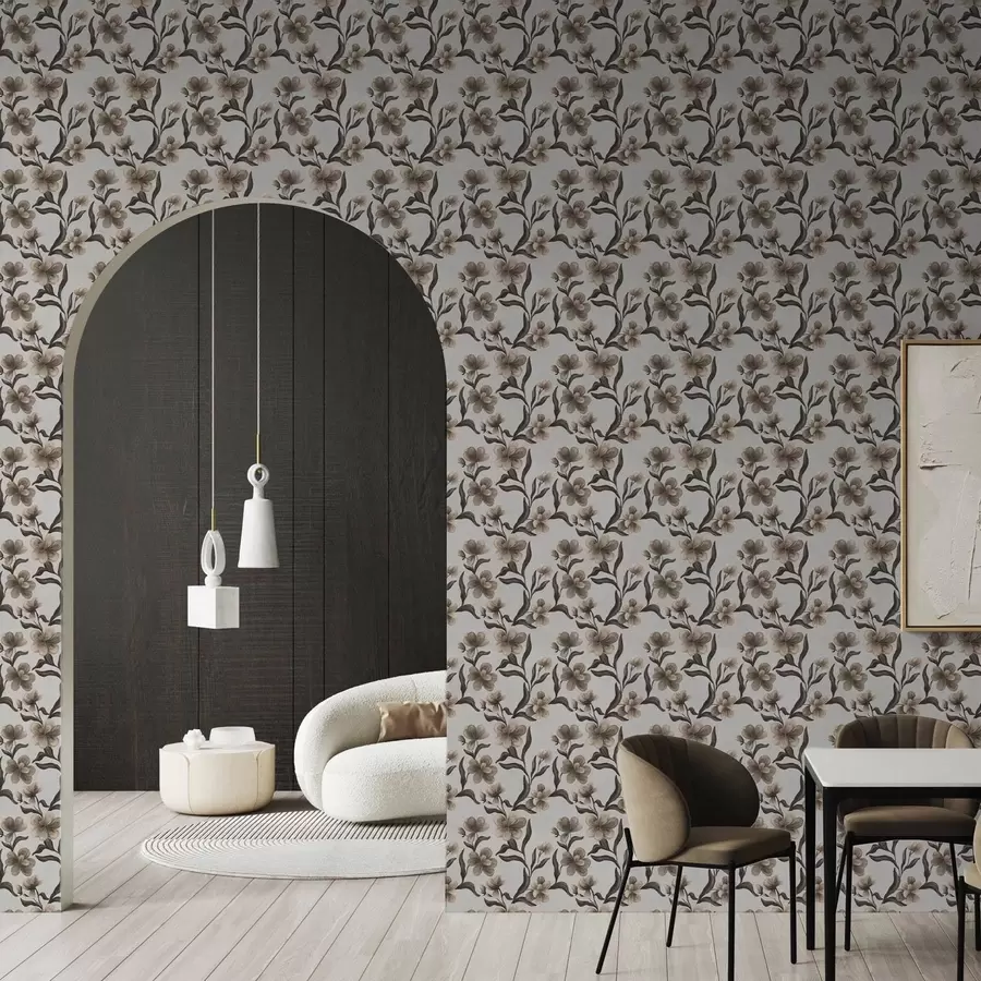 Fototapety Béžové kvety a tmavé vetvy na svetlošedom pozadí a00626v1