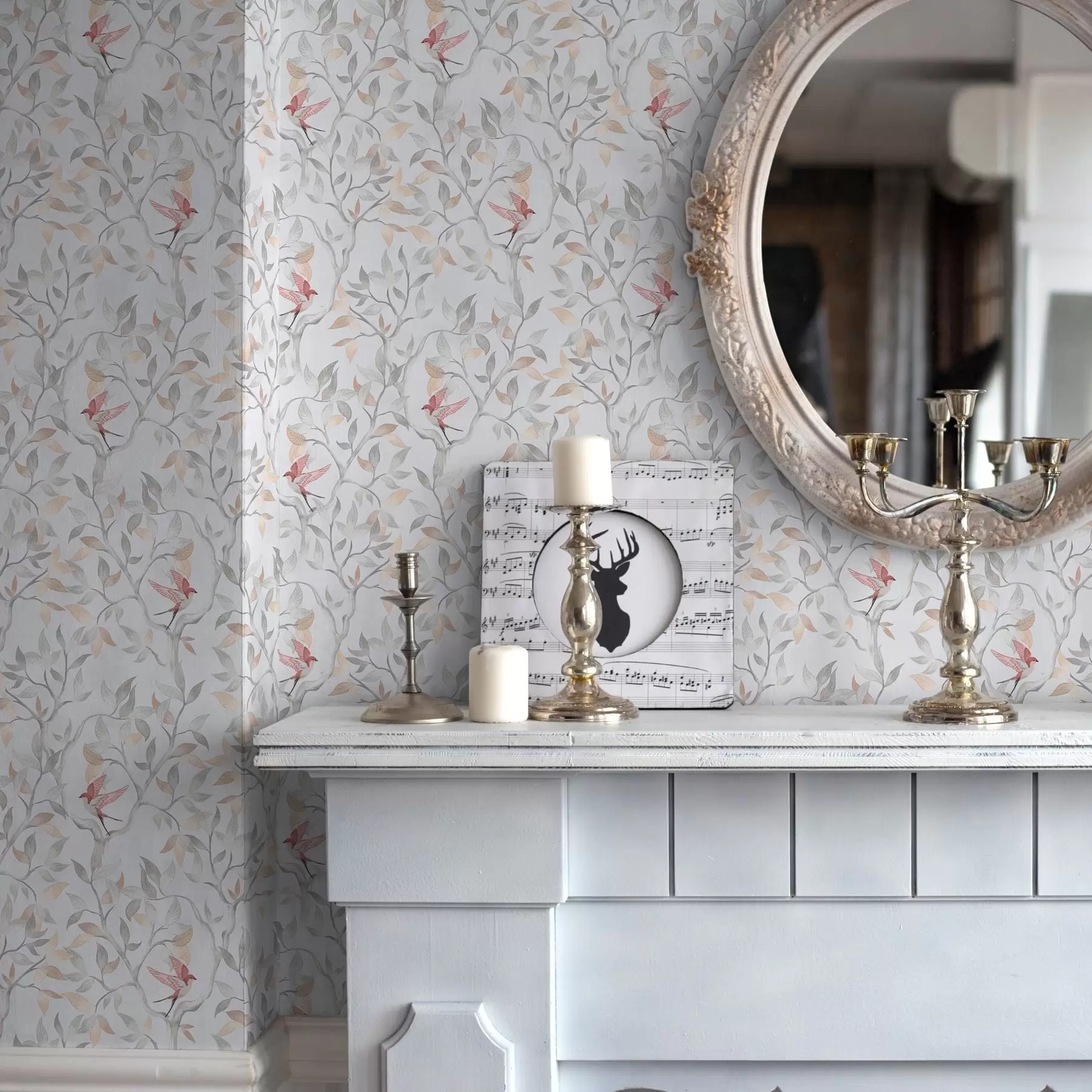 Fototapety Ľahké vetvy s listami a vtákmi v broskyňových odtieňoch a00716