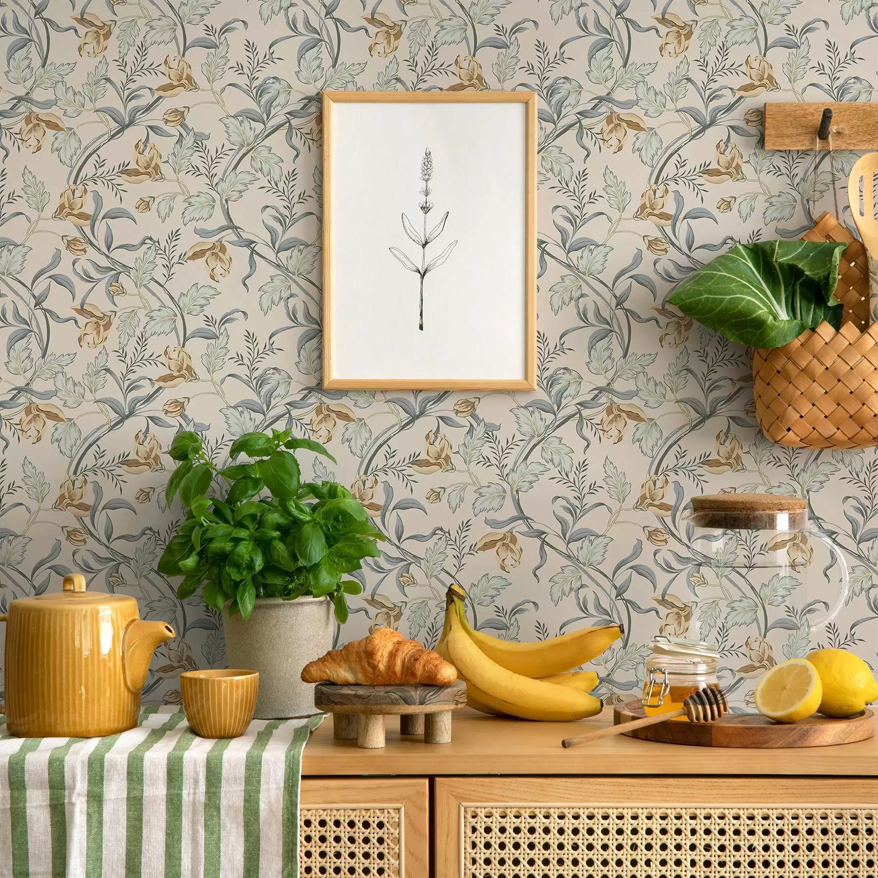 Fototapety Vintage kvety s modrými listami na smotanovom pozadí a00717