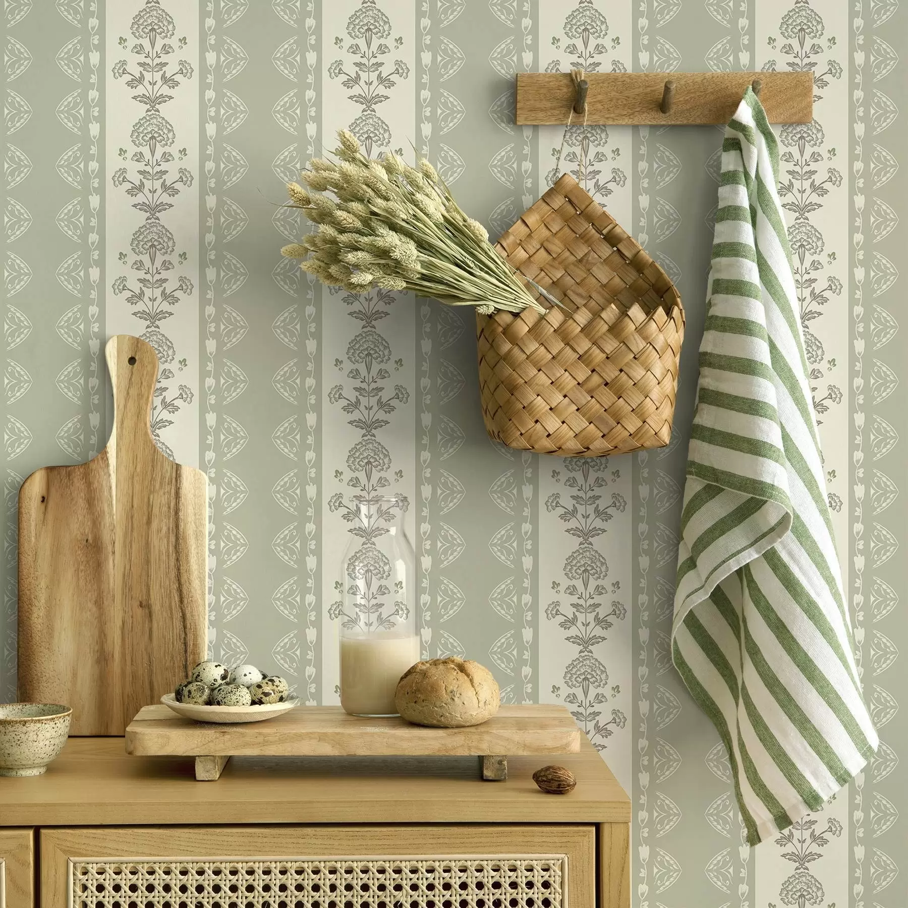 Fototapety Pruhovaný ornament s kvetinovými stĺpikmi v šalviových odtieňoch a00719