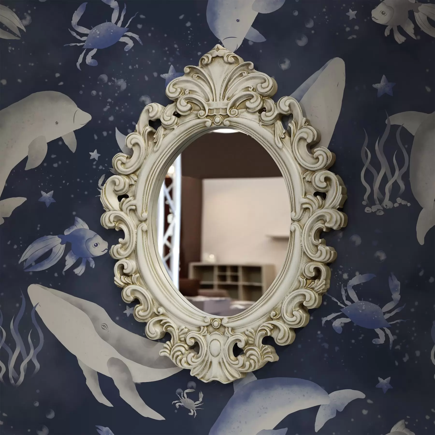 Fototapety Morské veľryby, delfíny a kraby na tmavomodrom pozadí a00720