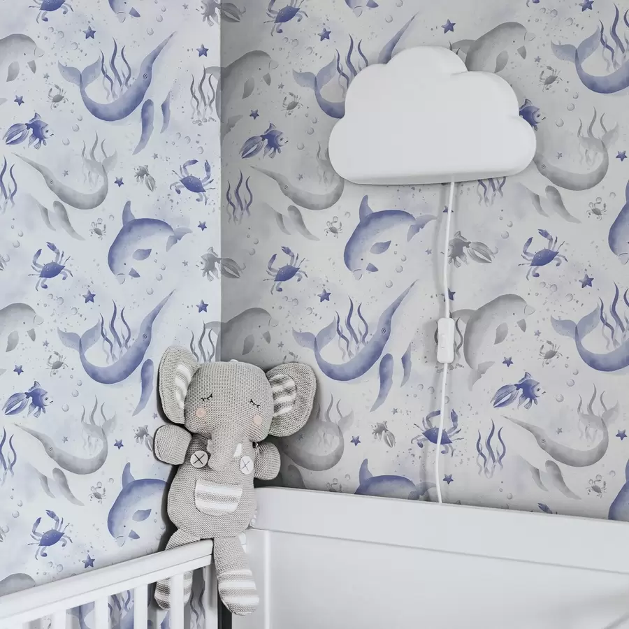 Fototapety Morské veľryby a delfíny v modrých odtieňoch na bielom pozadí a00720v1