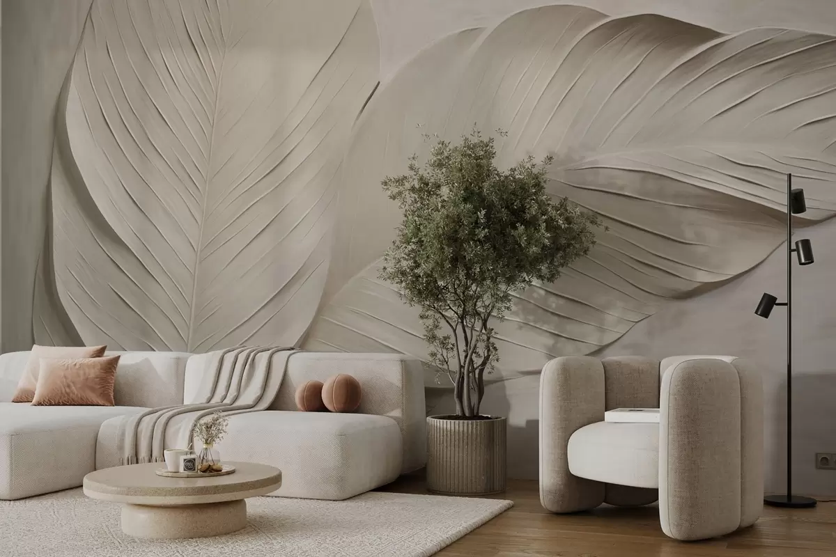 Fototapety Reliéfne béžové listy s jemnými tieňmi w04614