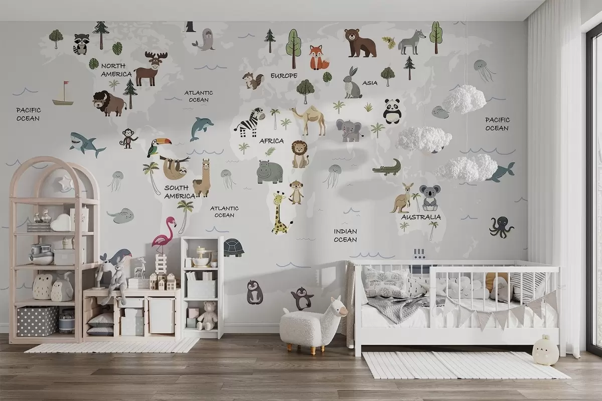 Fototapety Mapa sveta so zvieratami w04663