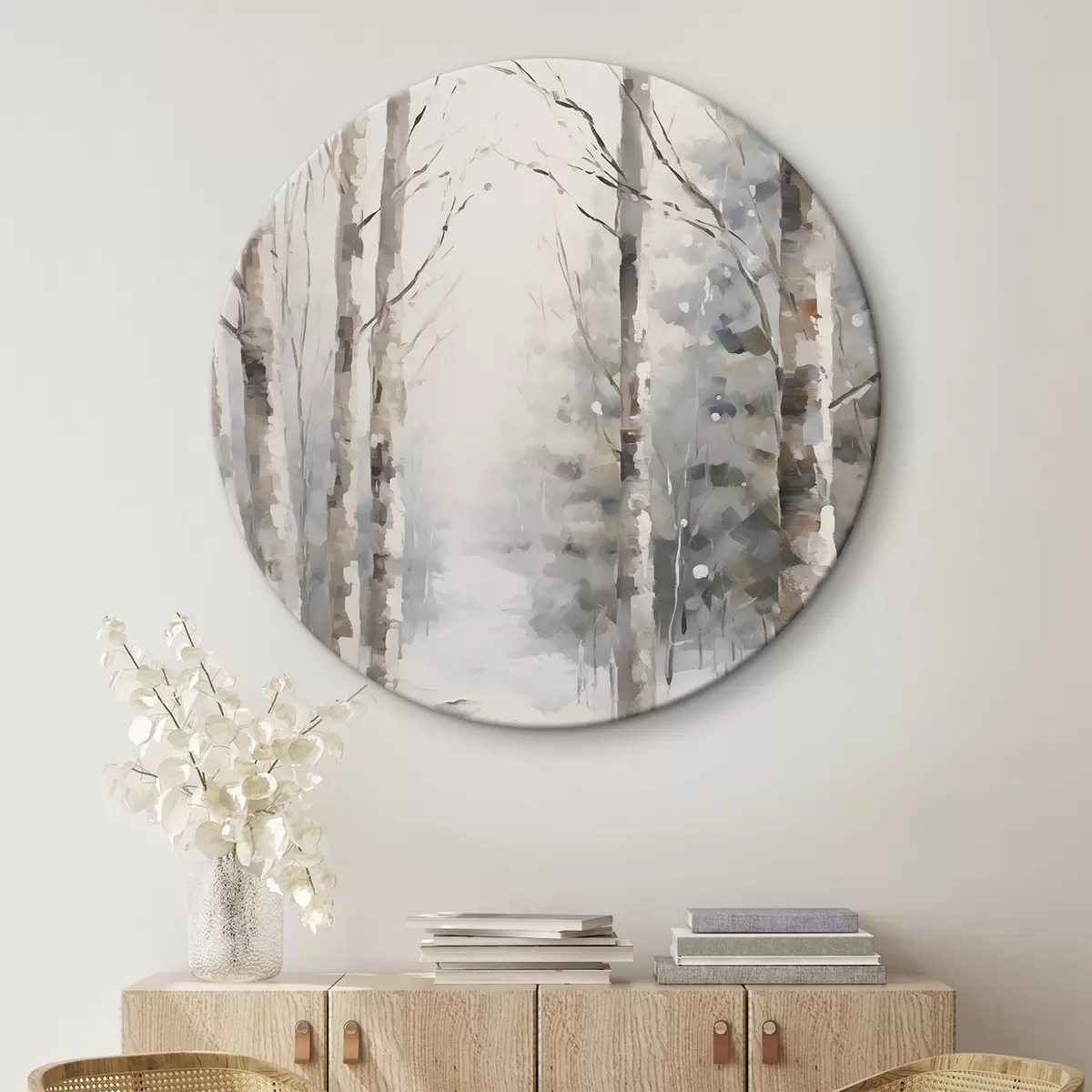 Okrúhle obrazy Brezové stromy v zimnom lese r46129 Okrúhle obrazy Brezové stromy v zimnom lese r46129