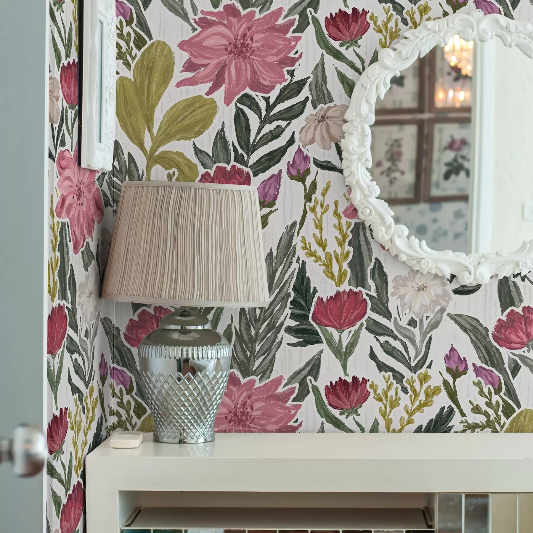 Fototapety Sýte ružové a krémové kvety na bielom pozadí, impasto textúra a00629v1