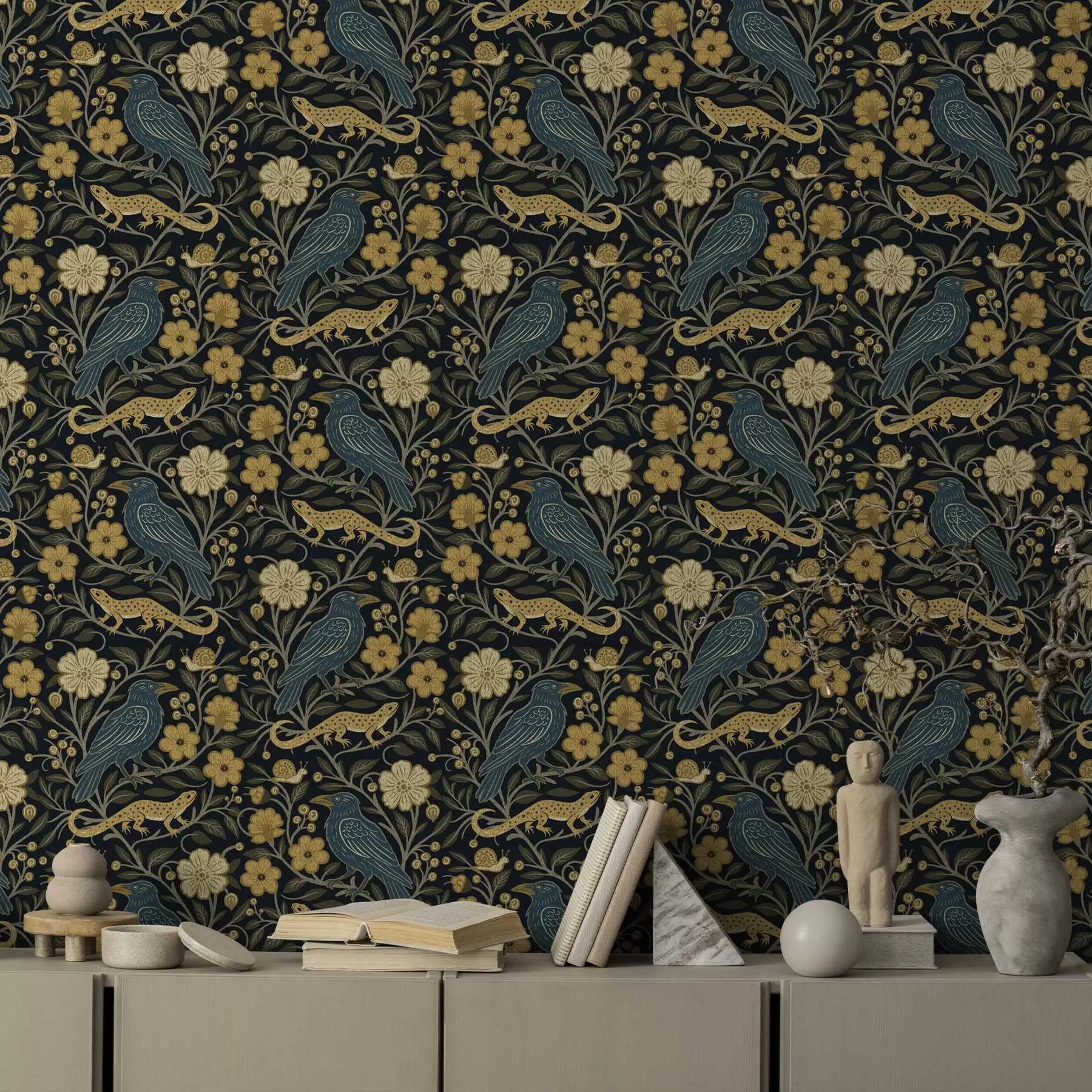 Fototapety Vtáky, jašterice a slimáky medzi kvetmi na tmavom pozadí a00691