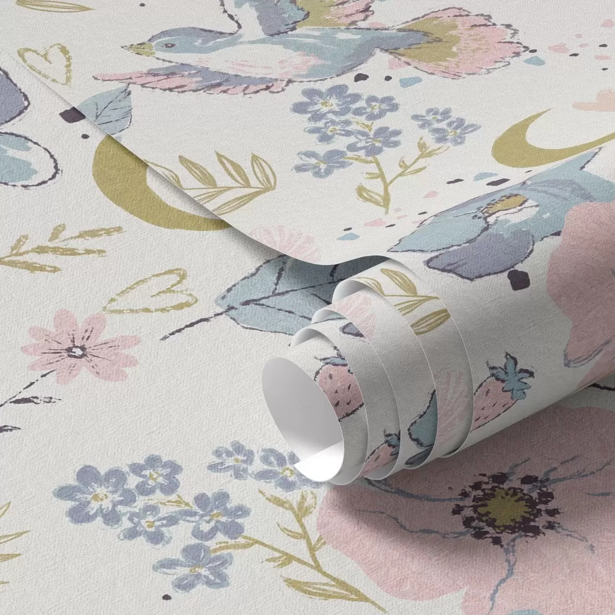 Tapety Pastelové vtáky a kvety s polmesiacmi na bielom pozadí a00721