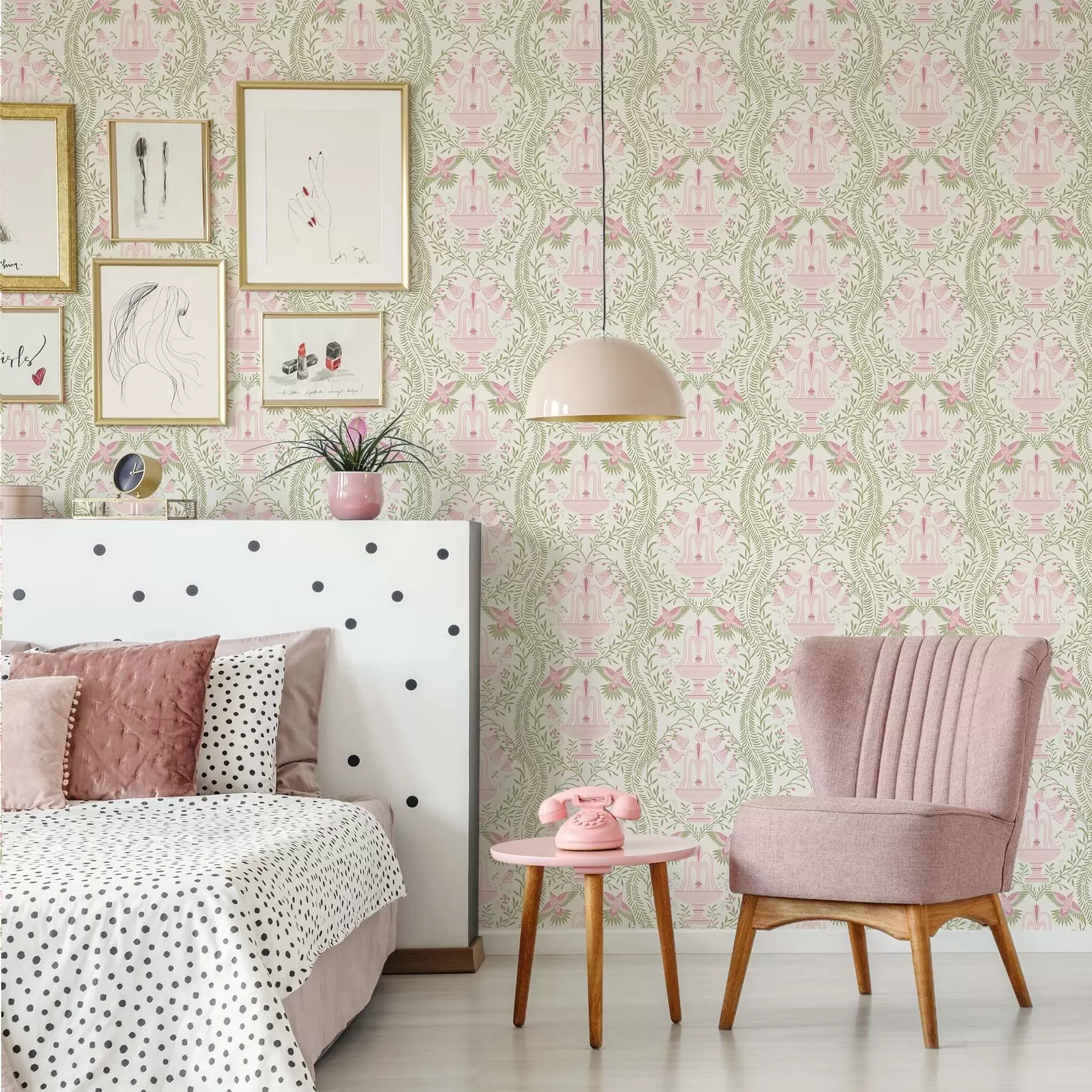 Fototapety Fontány, kolibríky a zelené špirály na svetlom pozadí a00723