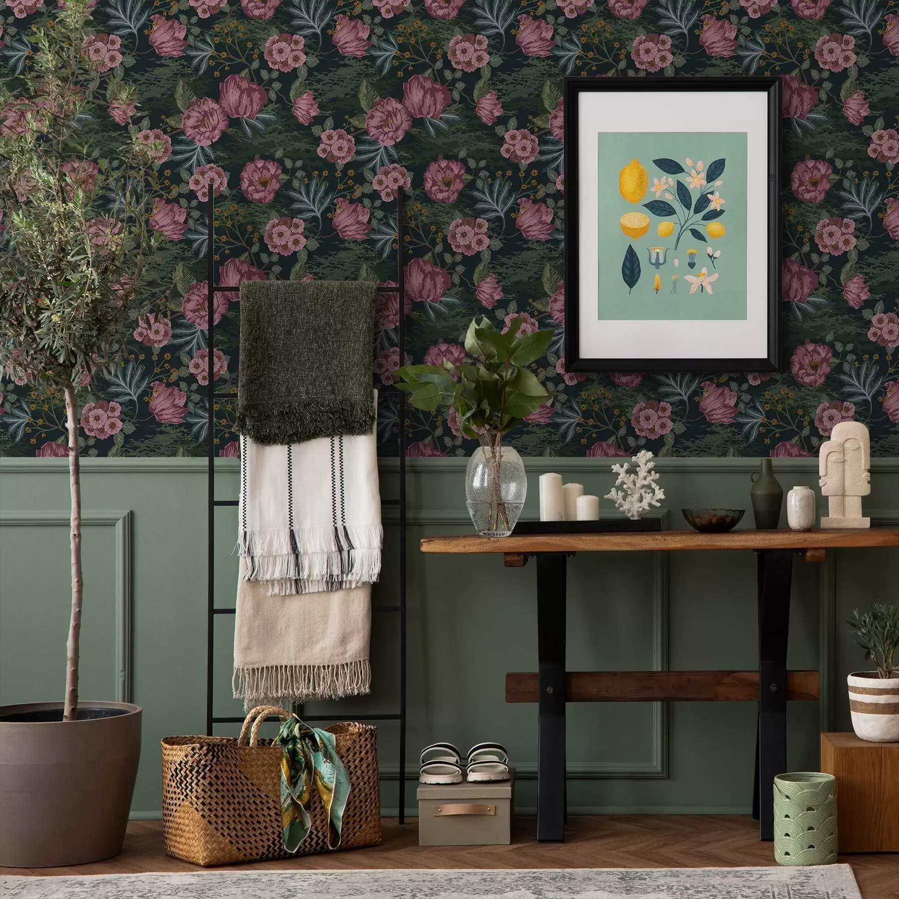 Fototapety Tmavá flóra s ružovými kvetmi a listami, tmavé pozadie a00724