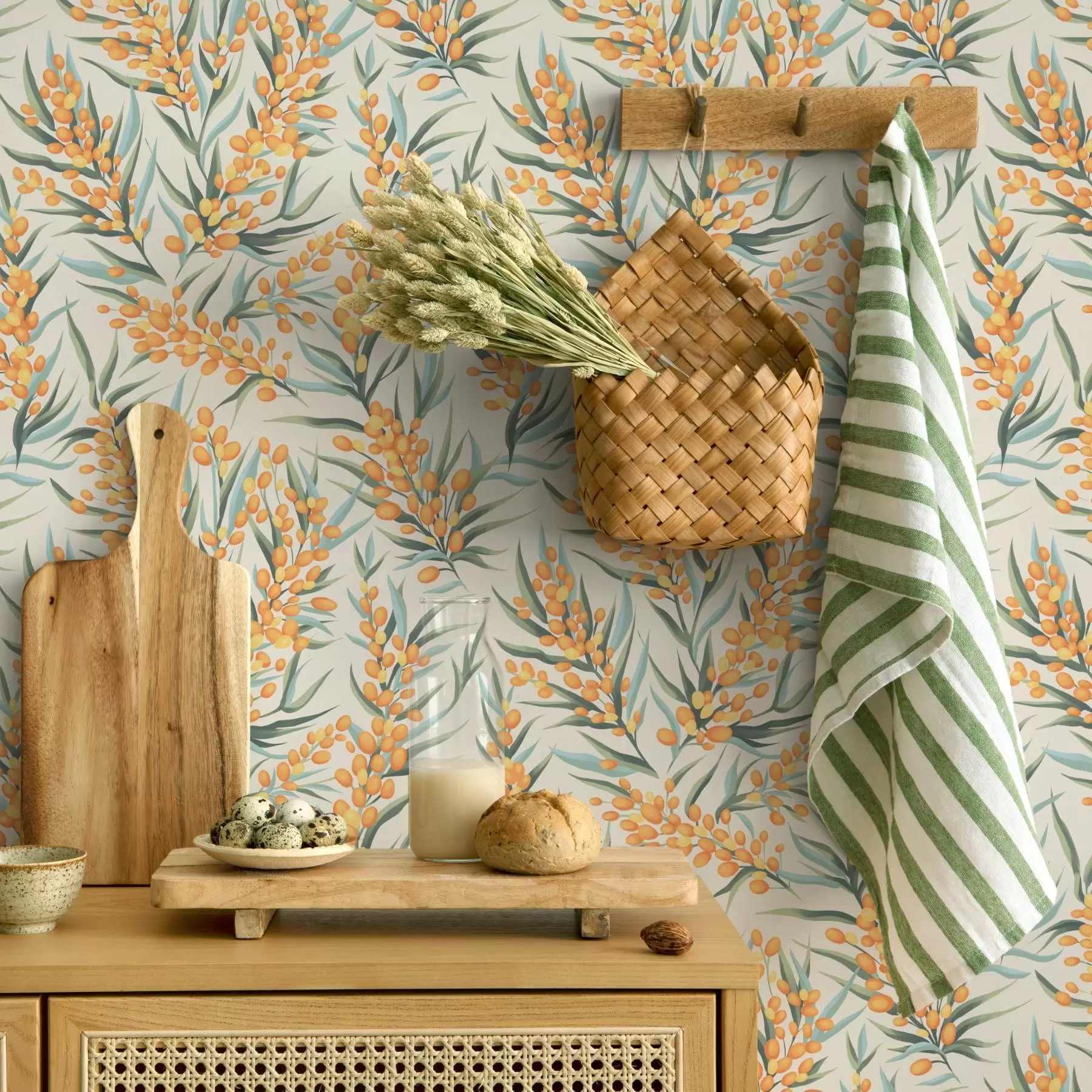 Fototapety Vetvy rakytníka s oranžovými bobuľami, svetlé pozadie a00792