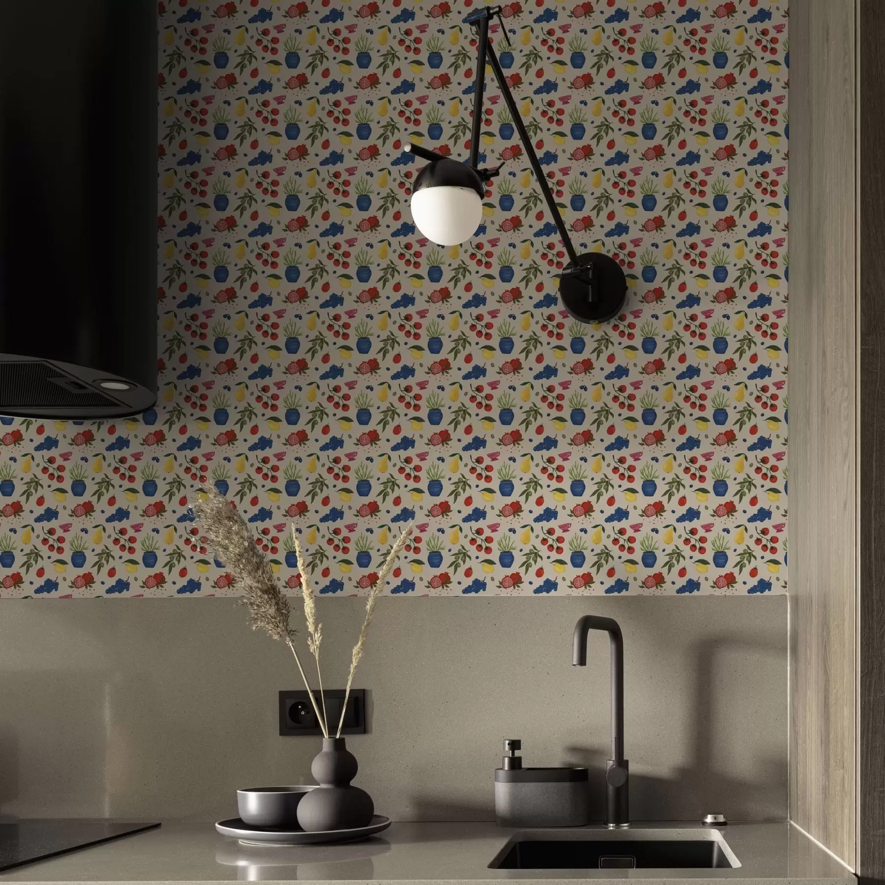 Fototapety Živý vzor s ovocím, vetvami a vázami a00637