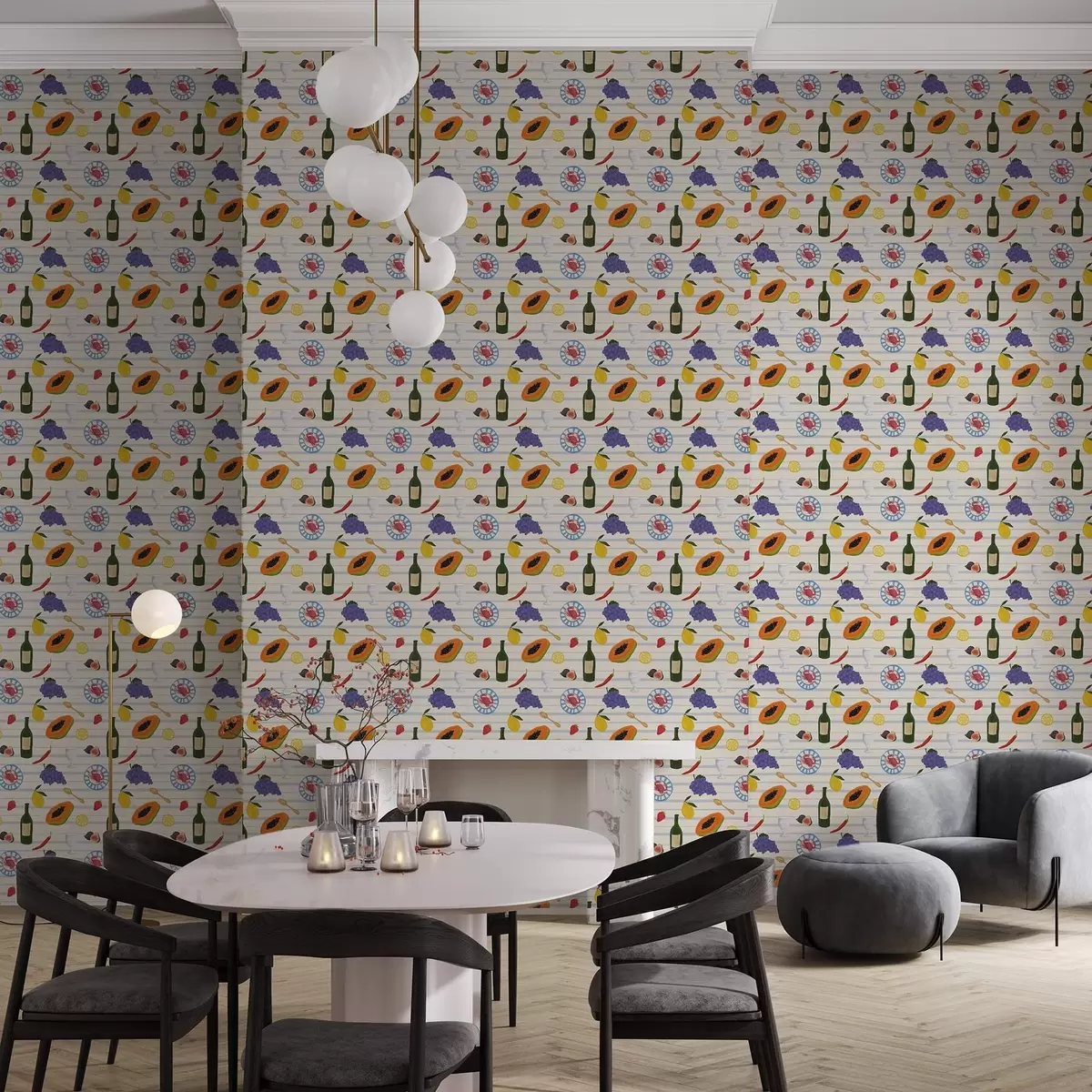 Tapety Kuchynský obraz s ovocím, pohármi a taniermi a00638 Tapety Kuchynský obraz s ovocím, pohármi a taniermi a00638