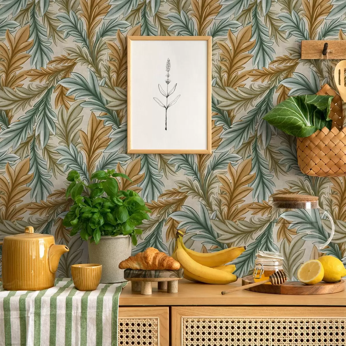 Tapety Dekoratívne lístie v teplých okrových a zelených odtieňoch a00673