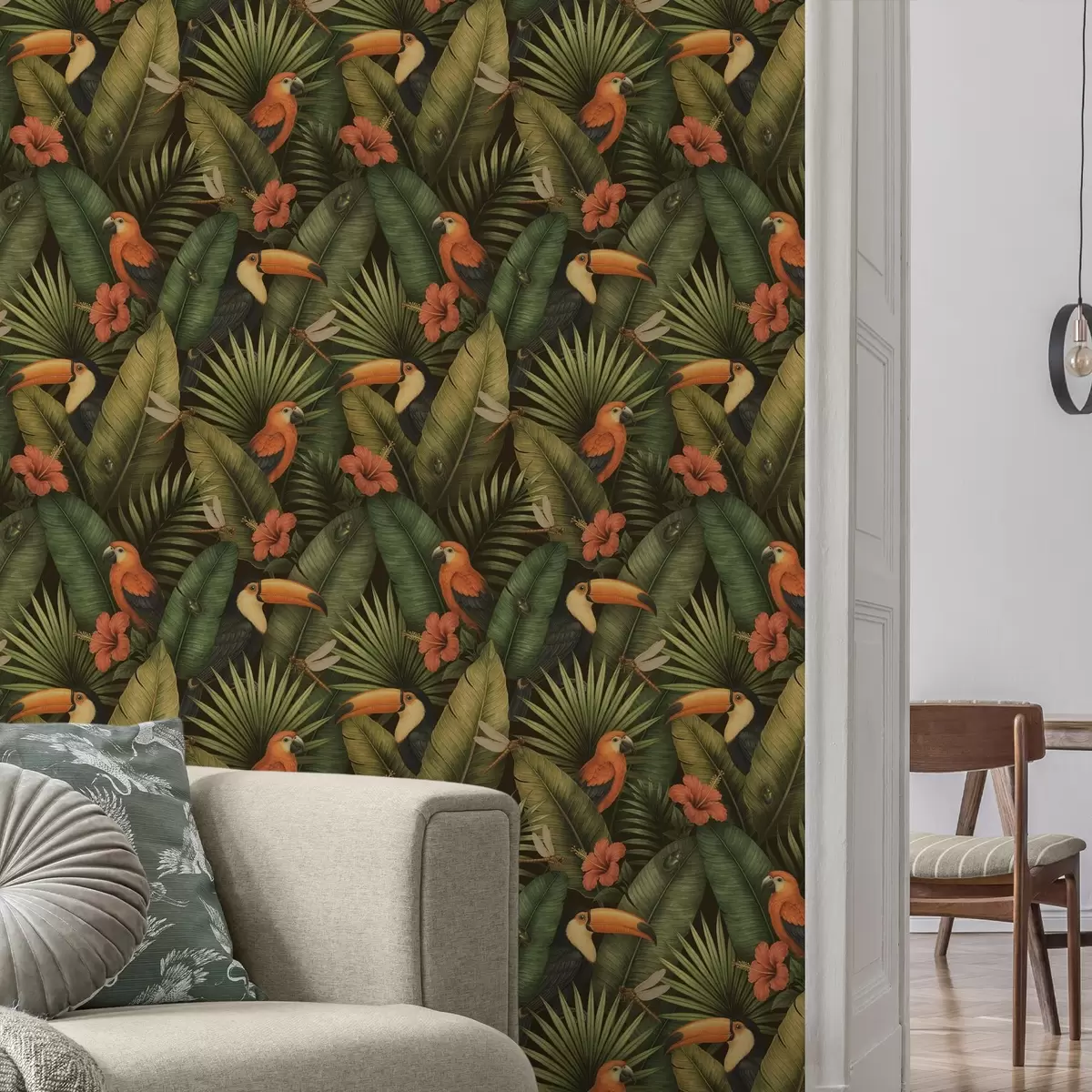 Tapety Tukan a papagáje medzi tropickou zeleňou a kvetmi a00702