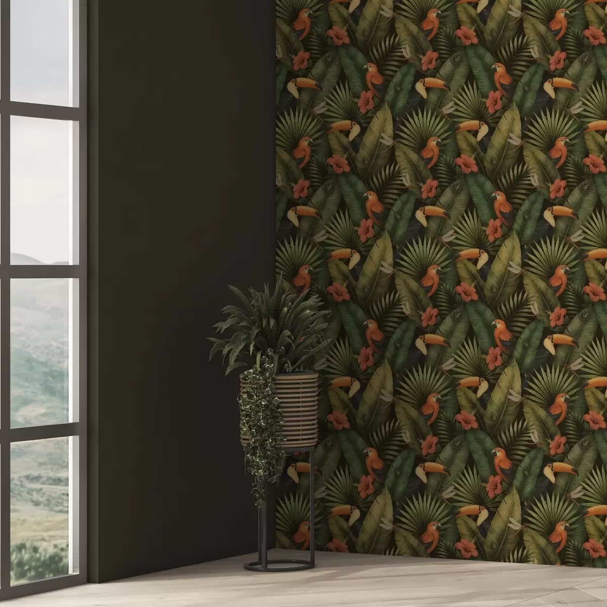 Tapety Tukan a papagáje medzi tropickou zeleňou a kvetmi a00702