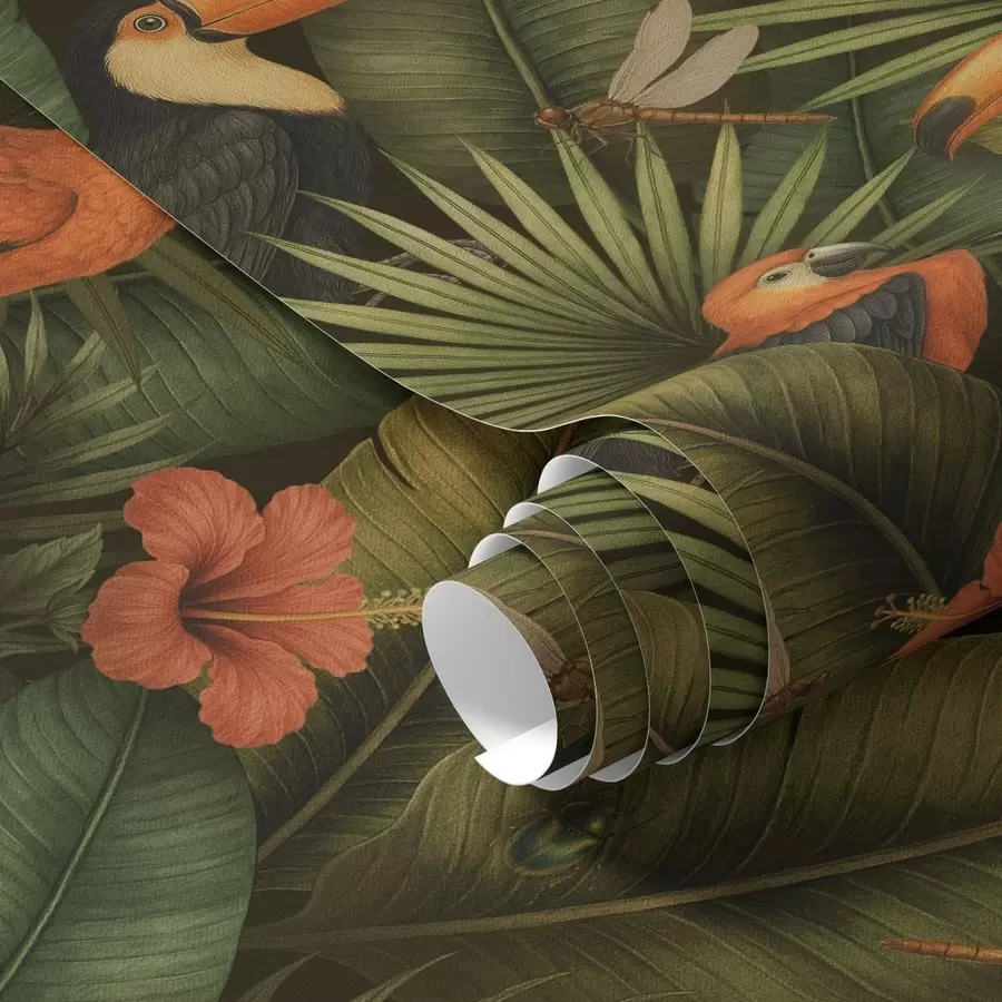 Fototapety Tukan a papagáje medzi tropickou zeleňou a kvetmi a00702