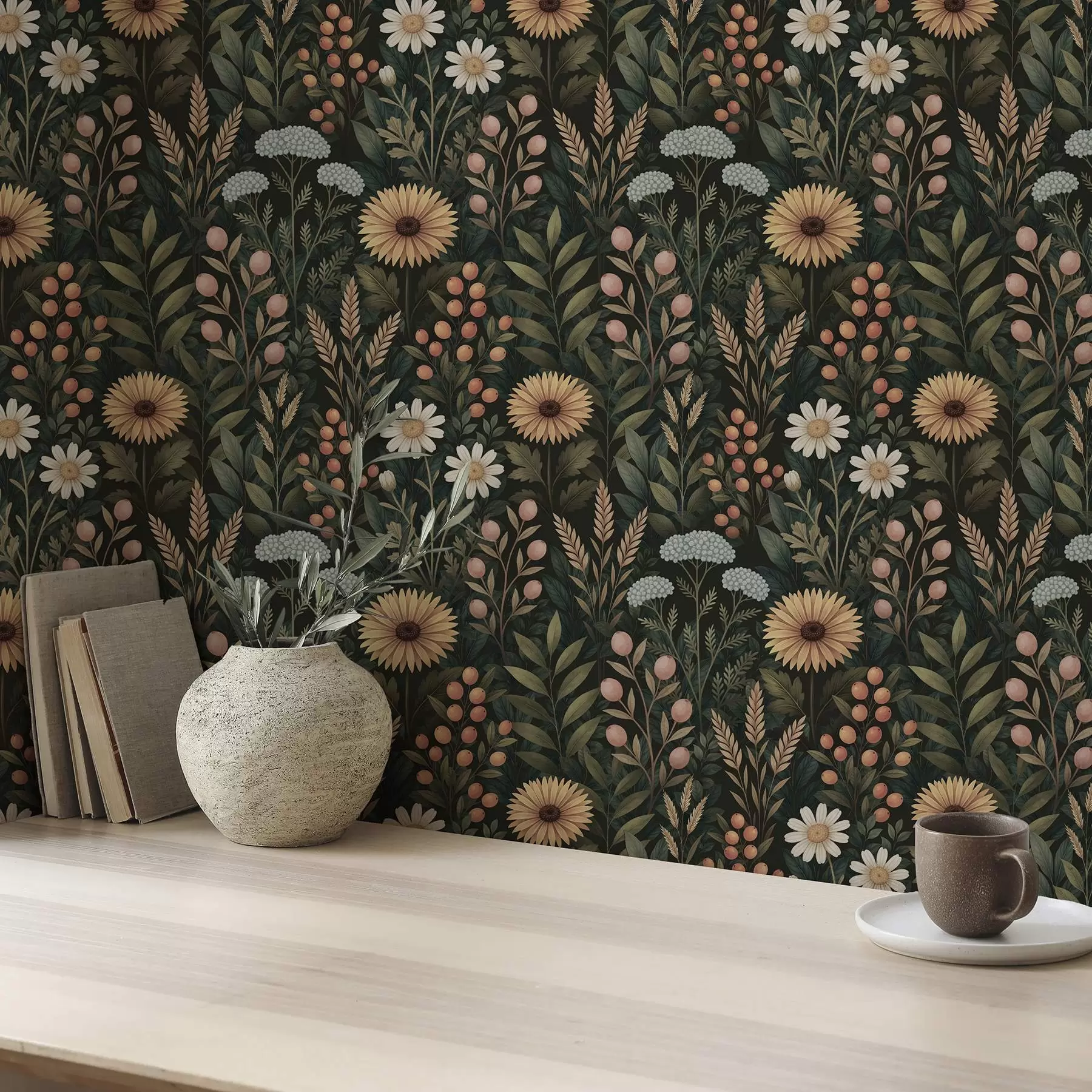 Fototapety Divoké kvety a bobule na tmavom pozadí, prírodný ornament a00707