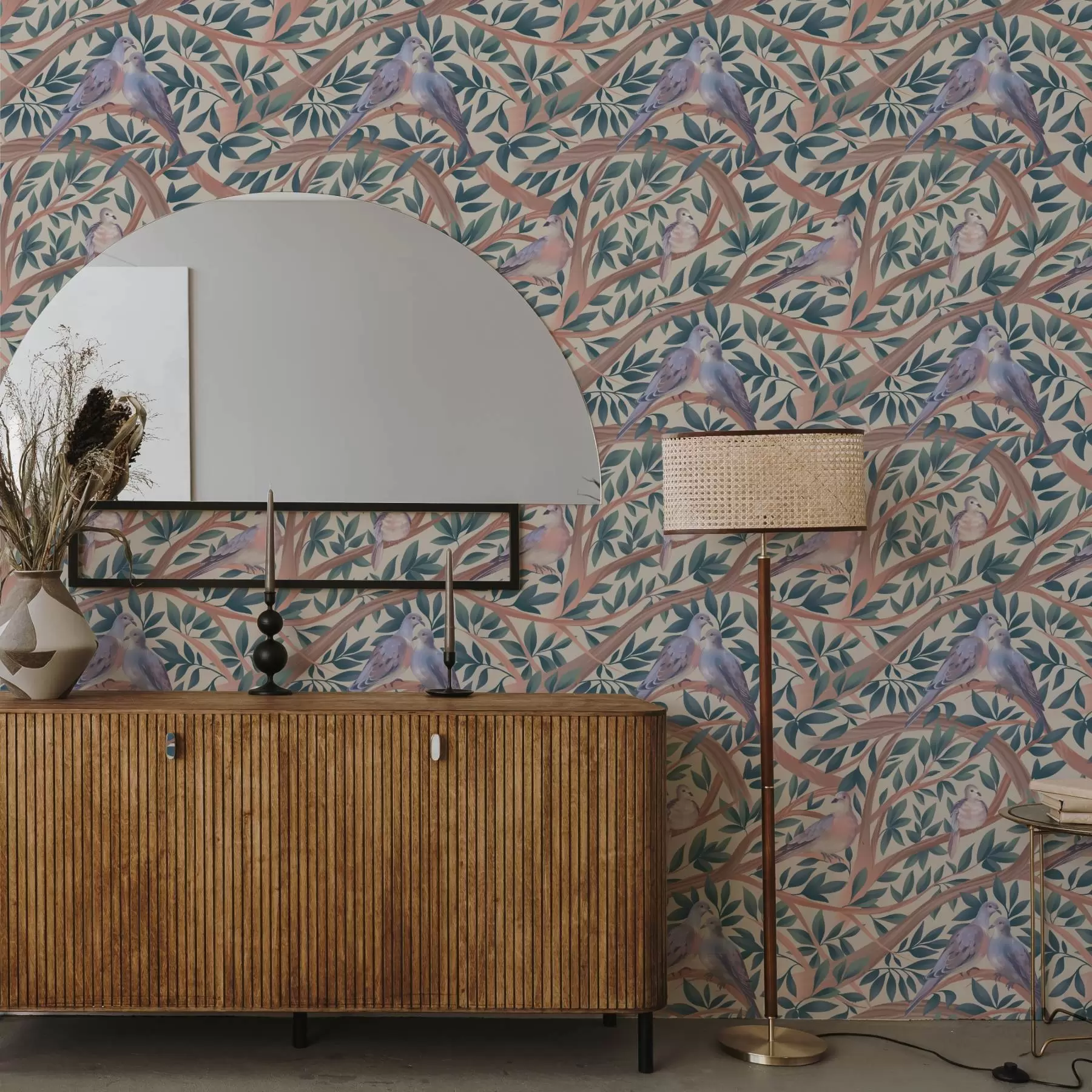 Fototapety Holubice medzi vetvami a listami v jemnej pastelovej palete a00796