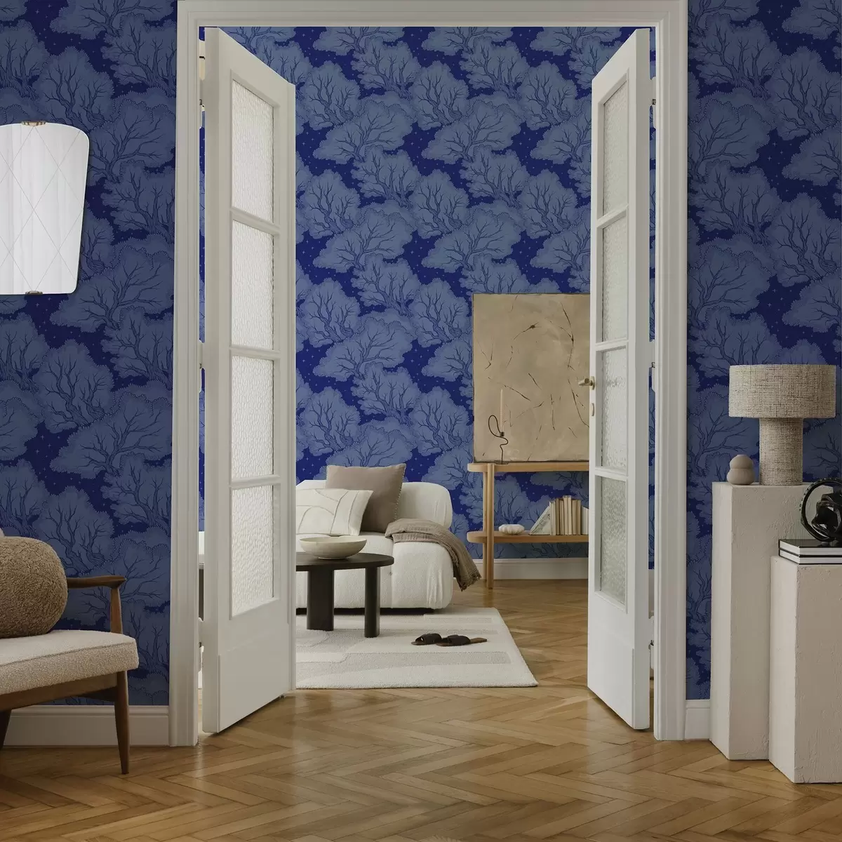 Tapety Siluety stromov pod hviezdnou oblohou v odtieňoch modrej farby a00798