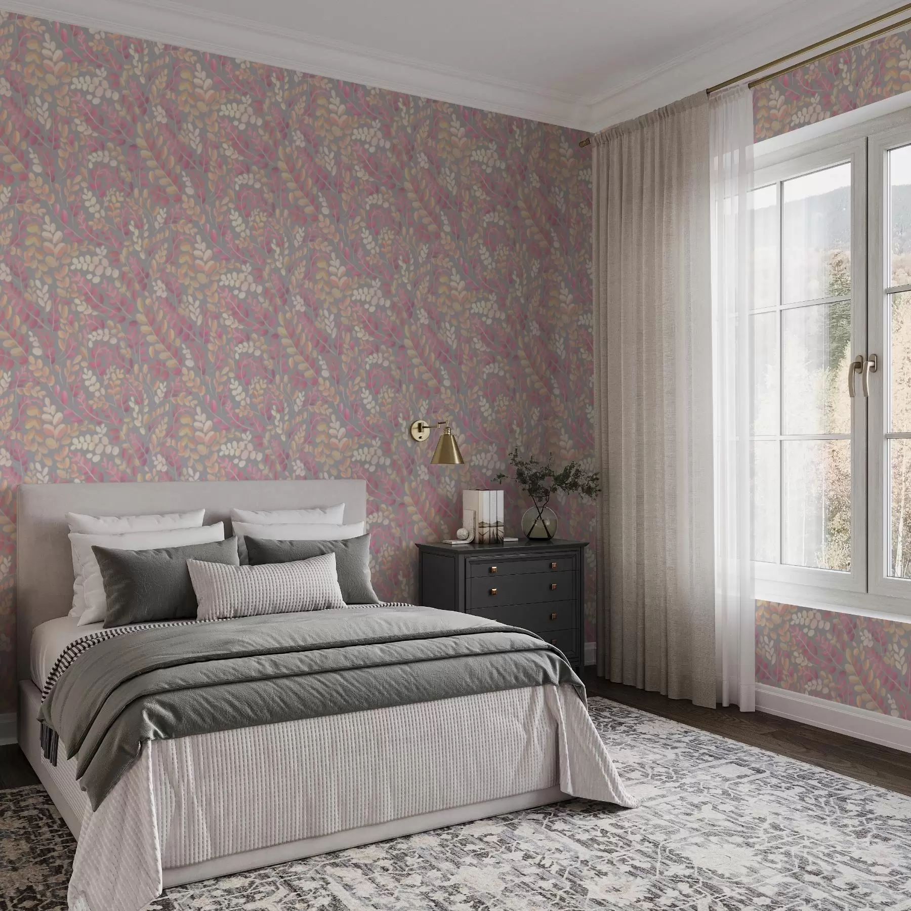 Fototapety Pastelové vetvy s ružovo-broskyňovým lístím na sivom pozadí a00799v1