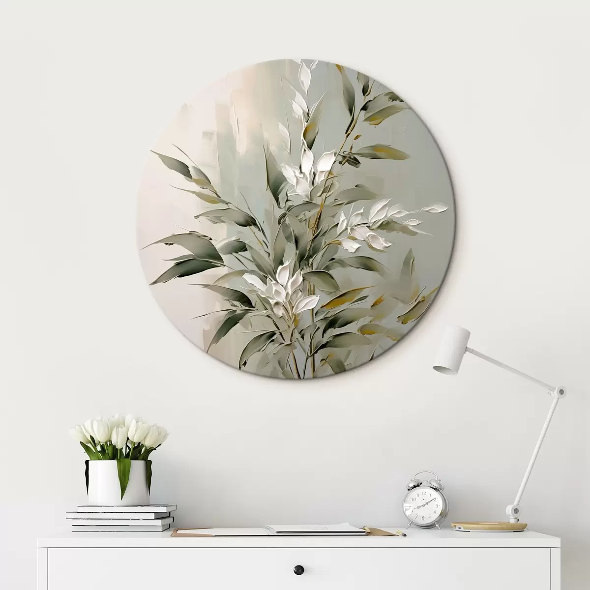 Okrúhle obrazy Abstraktná vetva s listami r46135