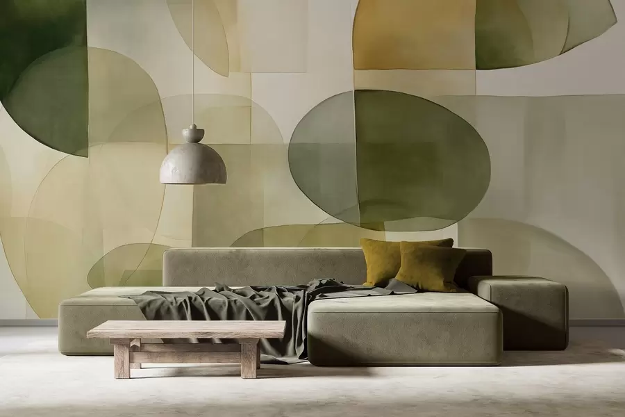 Fototapety Abstraktné textúrované tvary v odtieňoch zelenej a žltej, tlmené tóny, minimalistická kompozícia, neutrálne pozadie w09467