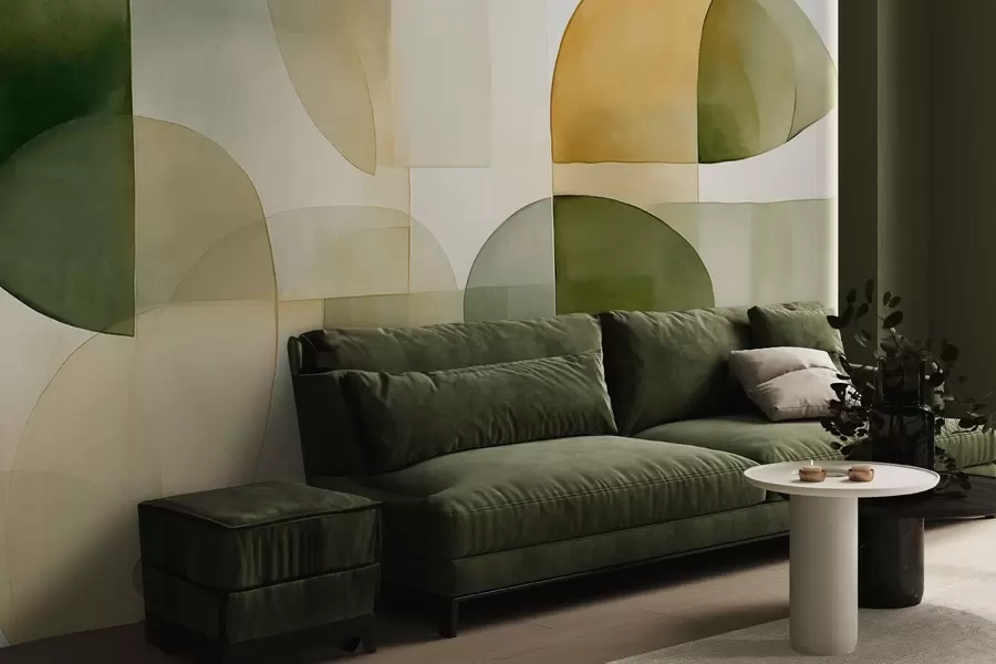 Fototapety Abstraktné textúrované tvary v odtieňoch zelenej a žltej, tlmené tóny, minimalistická kompozícia, neutrálne pozadie w09467