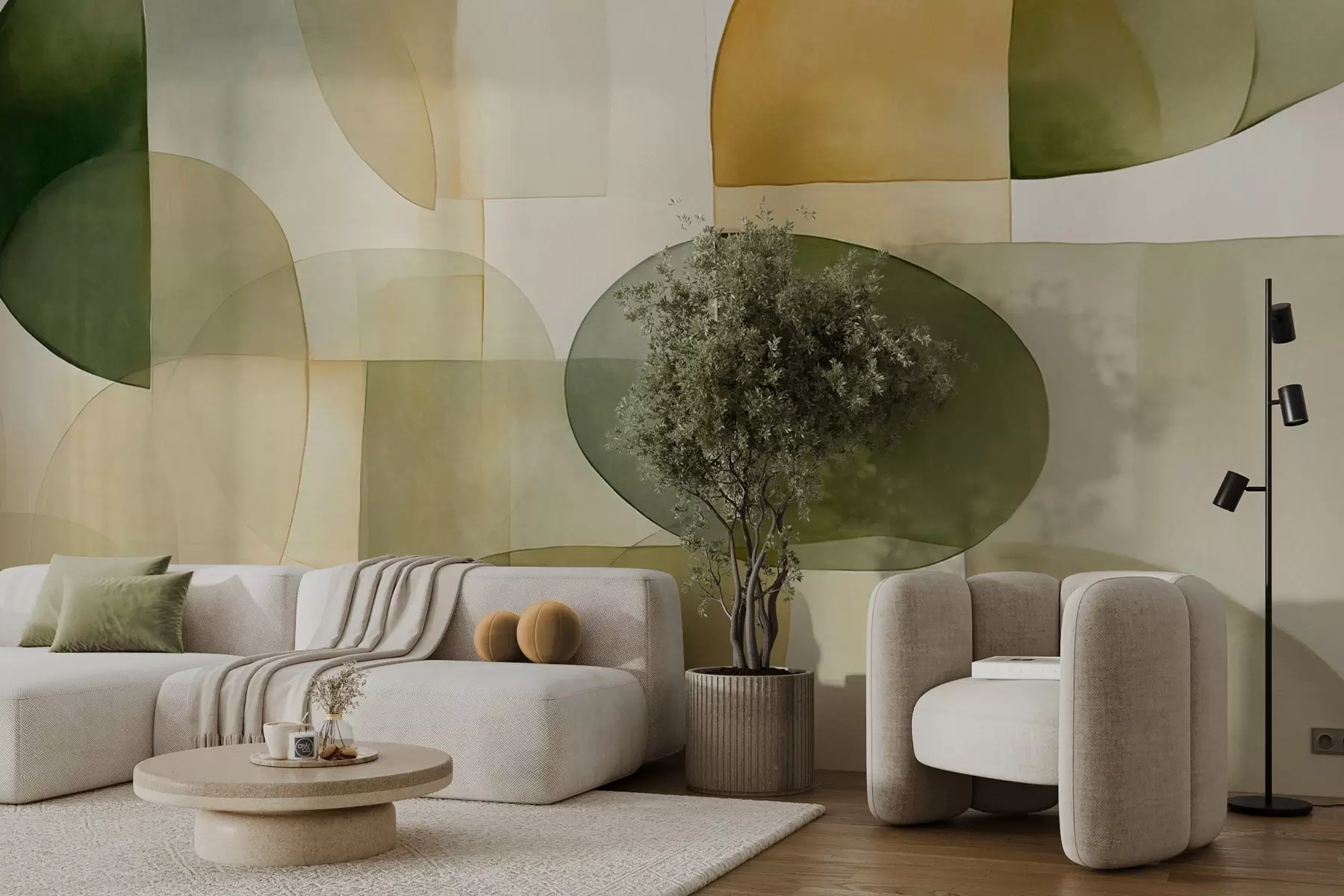 Fototapety Abstraktné textúrované tvary v odtieňoch zelenej a žltej, tlmené tóny, minimalistická kompozícia, neutrálne pozadie w09467