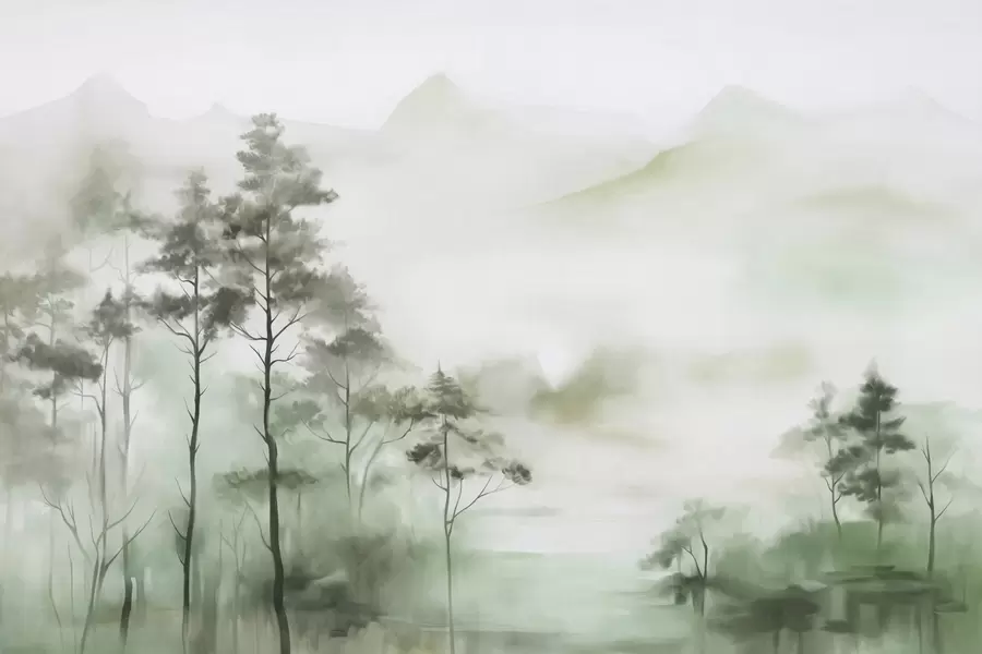 Fototapety Hmlistá krajina s vysokými stromami a horami v tlmených zelených a sivých odtieňoch, minimalistický štýl, textúrovaná w09469