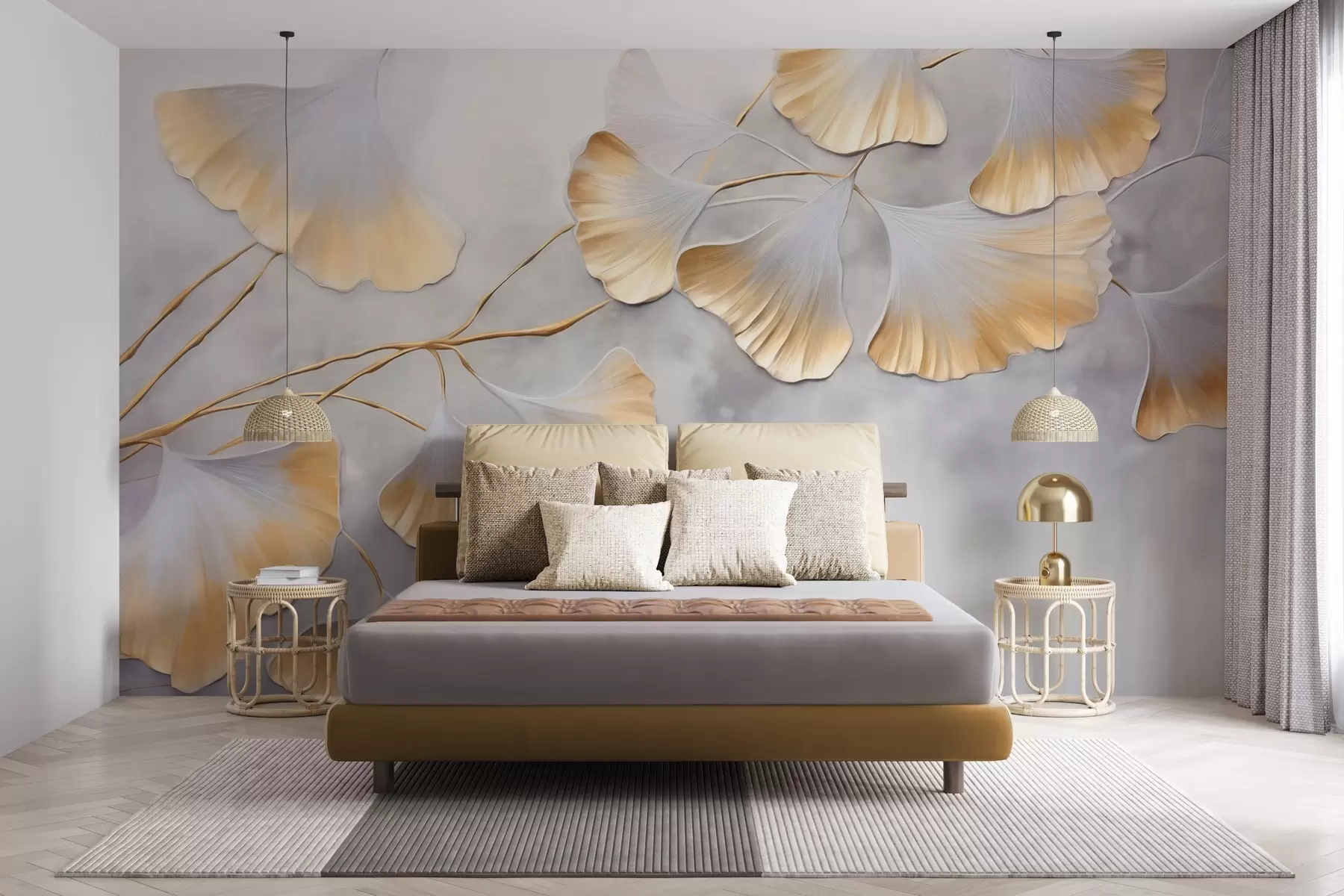 Fototapety Listy ginkga biloba so žltými okrajmi na vetve, sivé textúrované pozadie, elegantný a minimalistický dizajn w09472