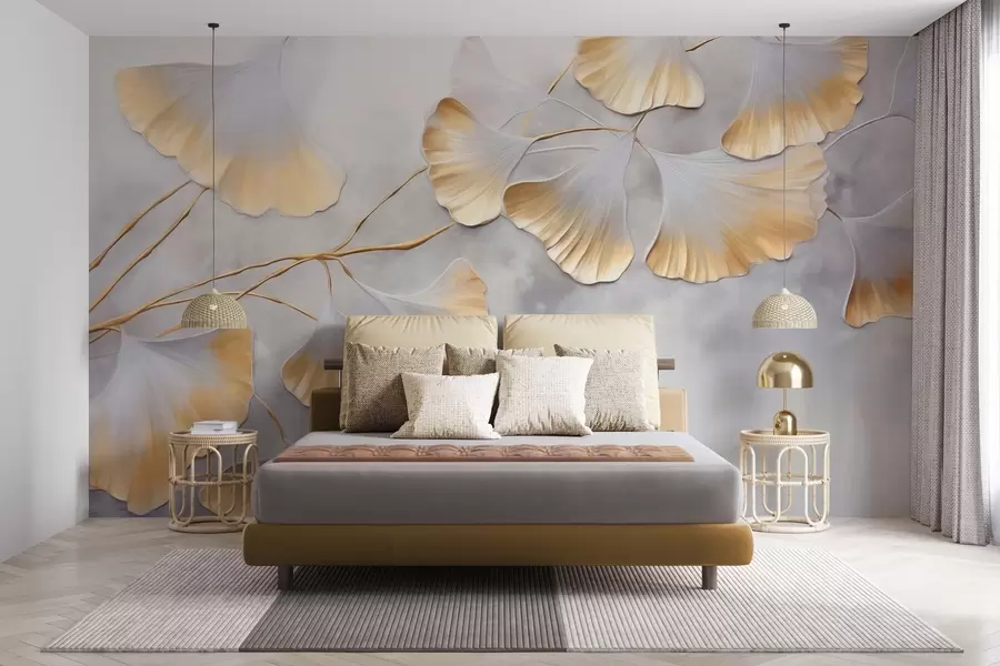 Fototapety Listy ginkga biloba so žltými okrajmi na vetve, sivé textúrované pozadie, elegantný a minimalistický dizajn w09472