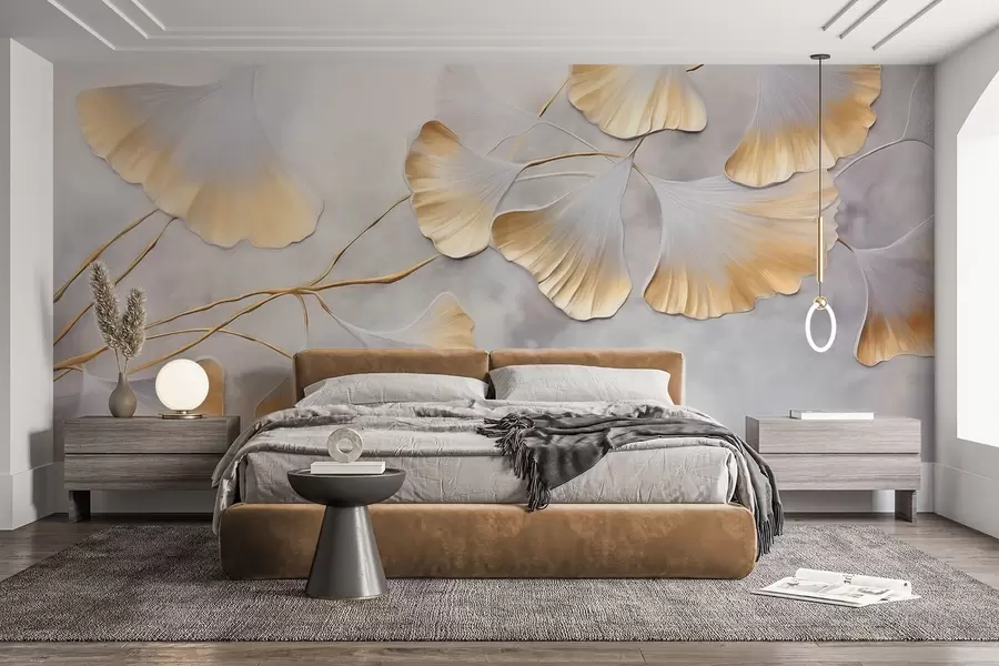 Fototapety Listy ginkga biloba so žltými okrajmi na vetve, sivé textúrované pozadie, elegantný a minimalistický dizajn w09472