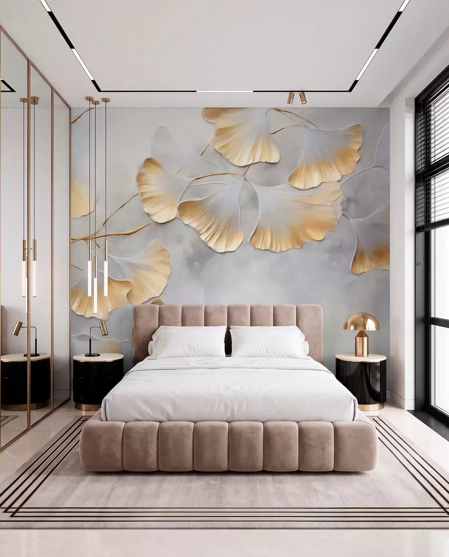 Fototapety Listy ginkga biloba so žltými okrajmi na vetve, sivé textúrované pozadie, elegantný a minimalistický dizajn w09472