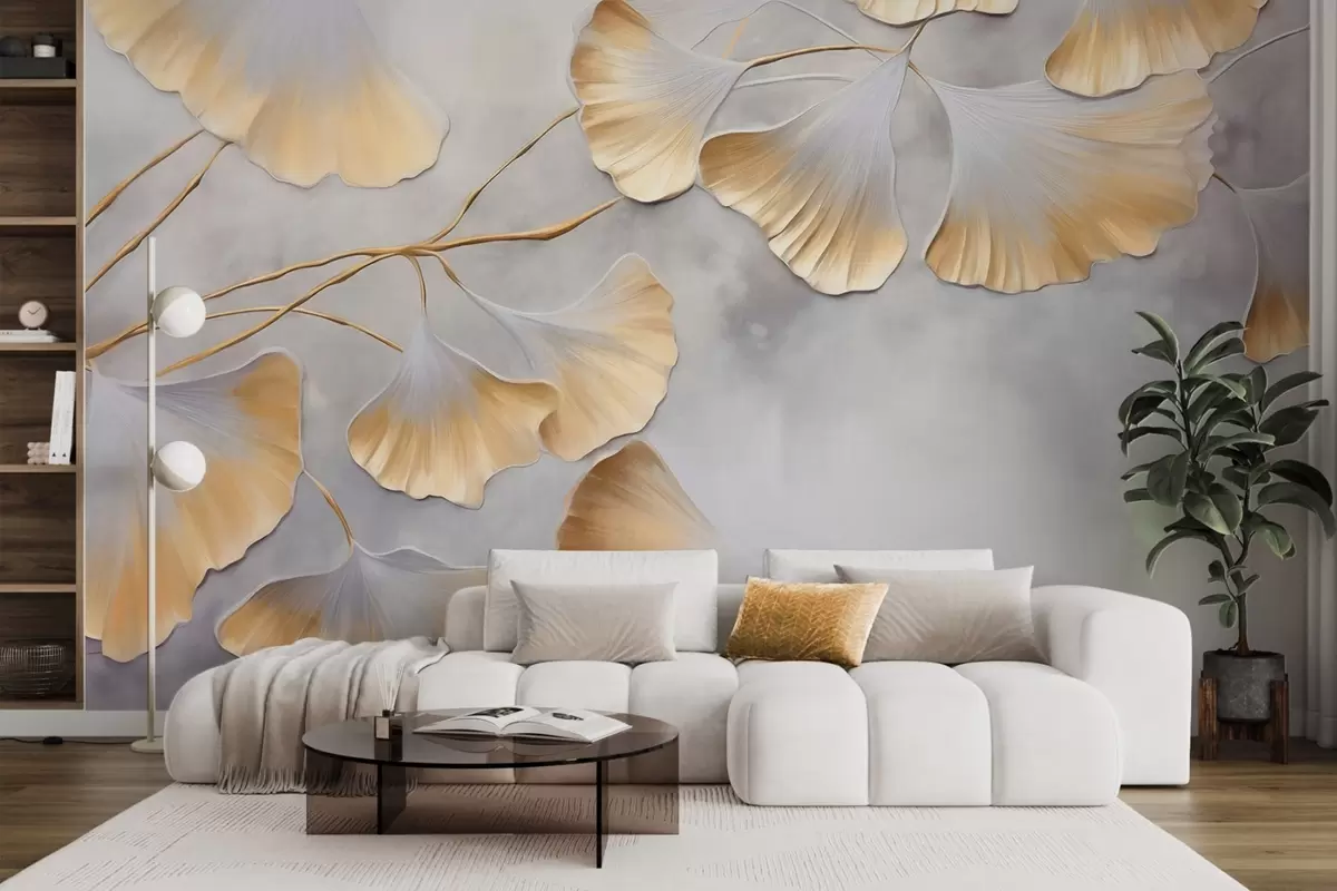 Fototapety Listy ginkga biloba so žltými okrajmi na vetve, sivé textúrované pozadie, elegantný a minimalistický dizajn w09472