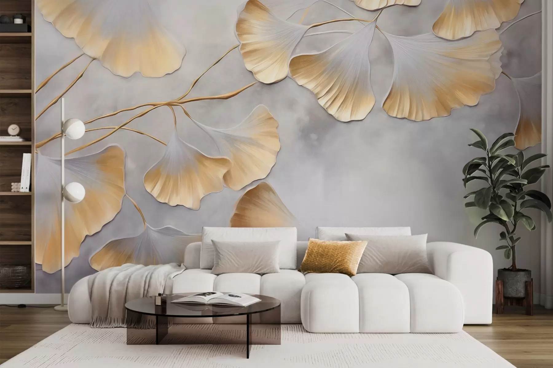 Fototapety Listy ginkga biloba so žltými okrajmi na vetve, sivé textúrované pozadie, elegantný a minimalistický dizajn w09472