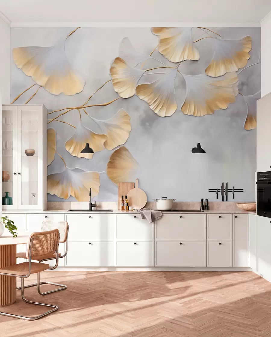 Fototapety Listy ginkga biloba so žltými okrajmi na vetve, sivé textúrované pozadie, elegantný a minimalistický dizajn w09472