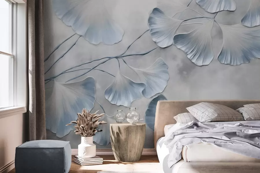 Fototapety Listy ginkga biloba s modrými okrajmi na vetve, sivé textúrované pozadie, elegantný a minimalistický dizajn w09472v1