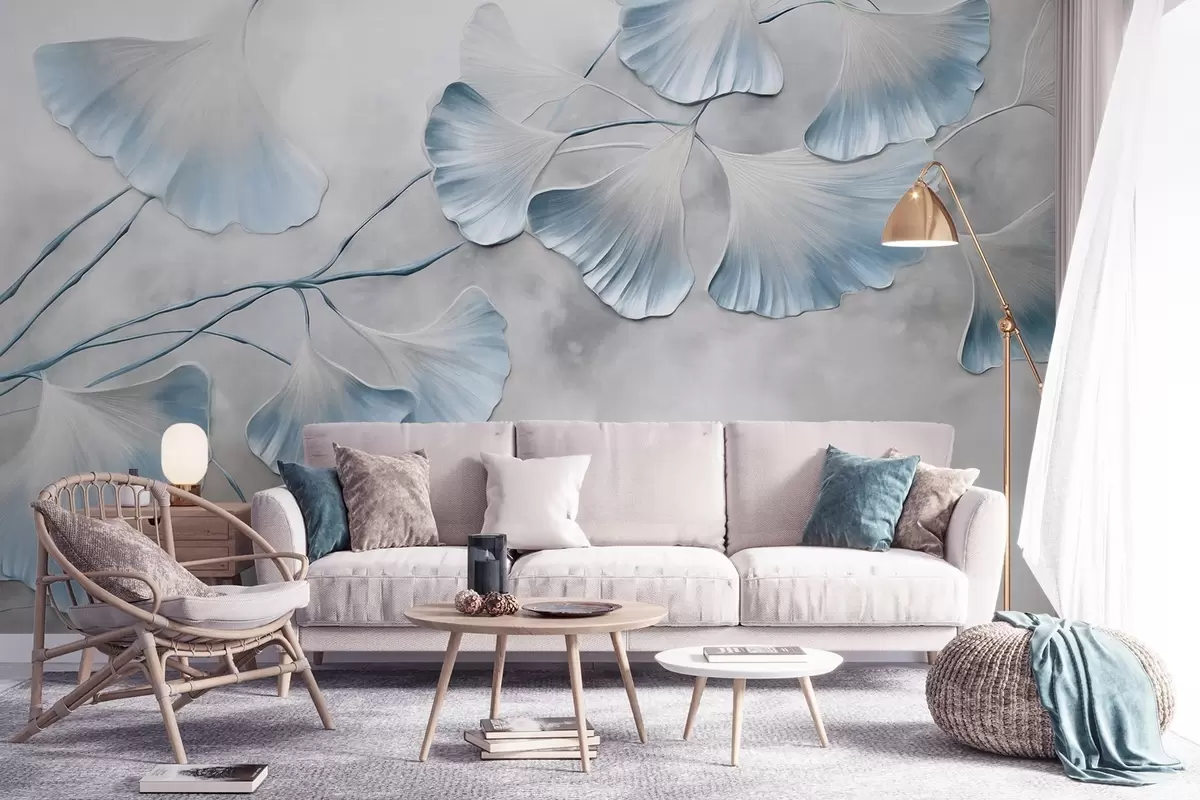 Fototapety Listy ginkga biloba s modrými okrajmi na vetve, sivé textúrované pozadie, elegantný a minimalistický dizajn w09472v1