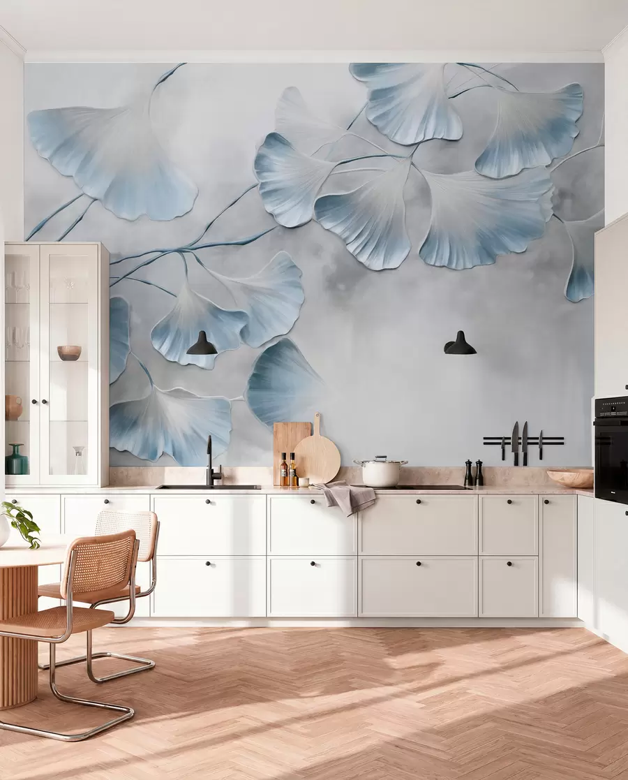 Fototapety Listy ginkga biloba s modrými okrajmi na vetve, sivé textúrované pozadie, elegantný a minimalistický dizajn w09472v1