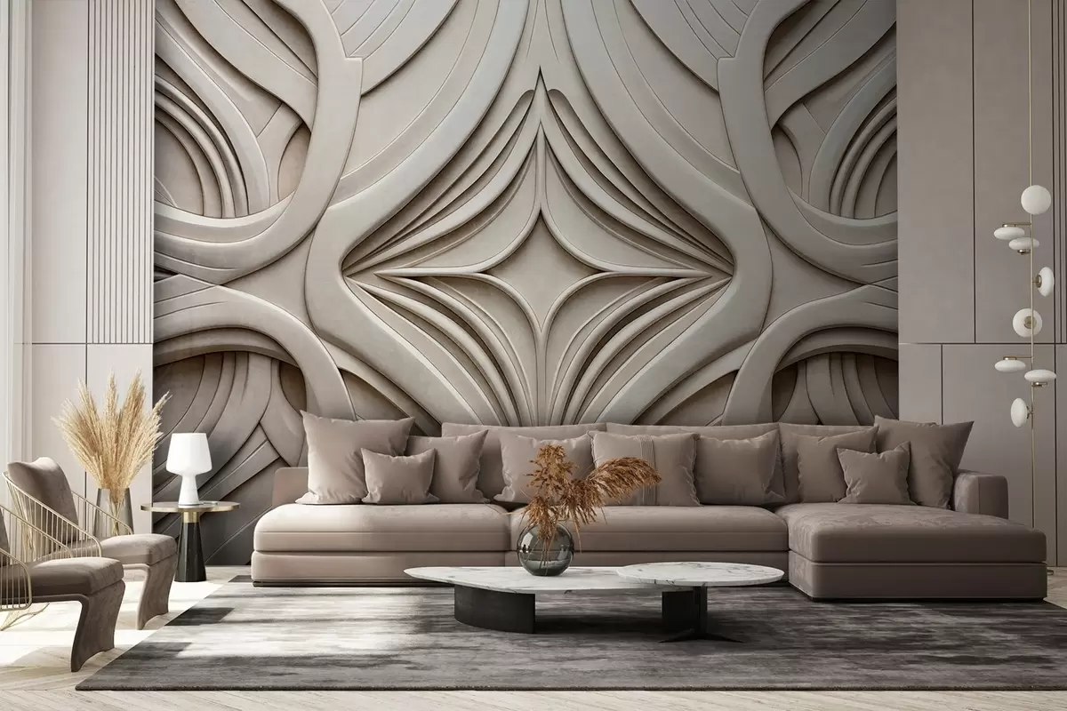 Fototapety Abstraktný symetrický textúrovaný geometrický potlač, svetlo béžová farba, štýl art deco, zložité detaily w09473