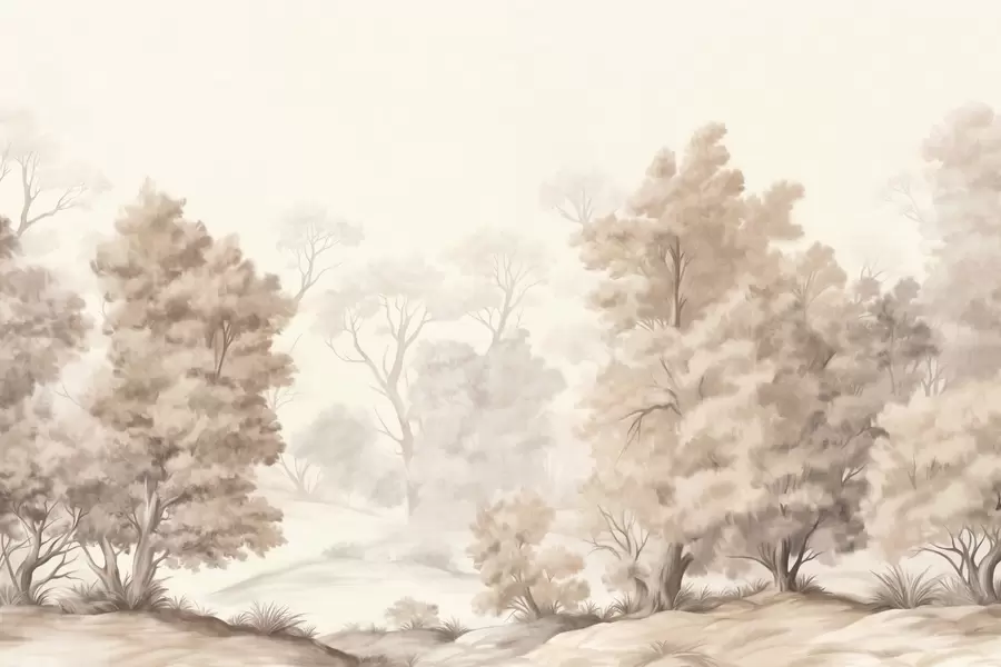 Fototapety Textúrovaná krajinomaľba imitujúca les s vysokými stromami a trávou, tlmené a jemné farby, upokojujúca scéna w09474