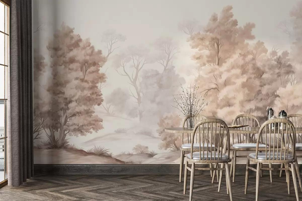 Fototapety Textúrovaná krajinomaľba imitujúca les s vysokými stromami a trávou, tlmené a jemné farby, upokojujúca scéna w09474 - Uwalls.sk Fototapety Textúrovaná krajinomaľba imitujúca les s vysokými stromami a trávou, tlmené a jemné farby, upokojujúca scéna w09474