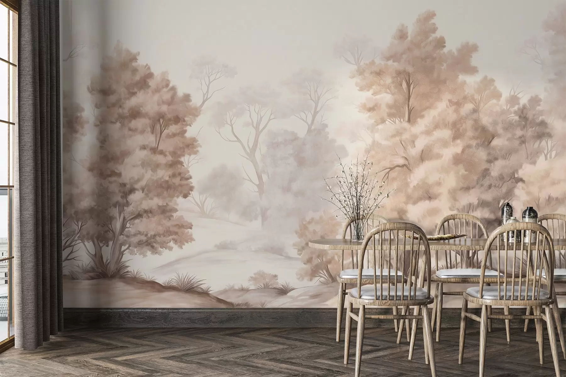 Fototapety Textúrovaná krajinomaľba imitujúca les s vysokými stromami a trávou, tlmené a jemné farby, upokojujúca scéna w09474